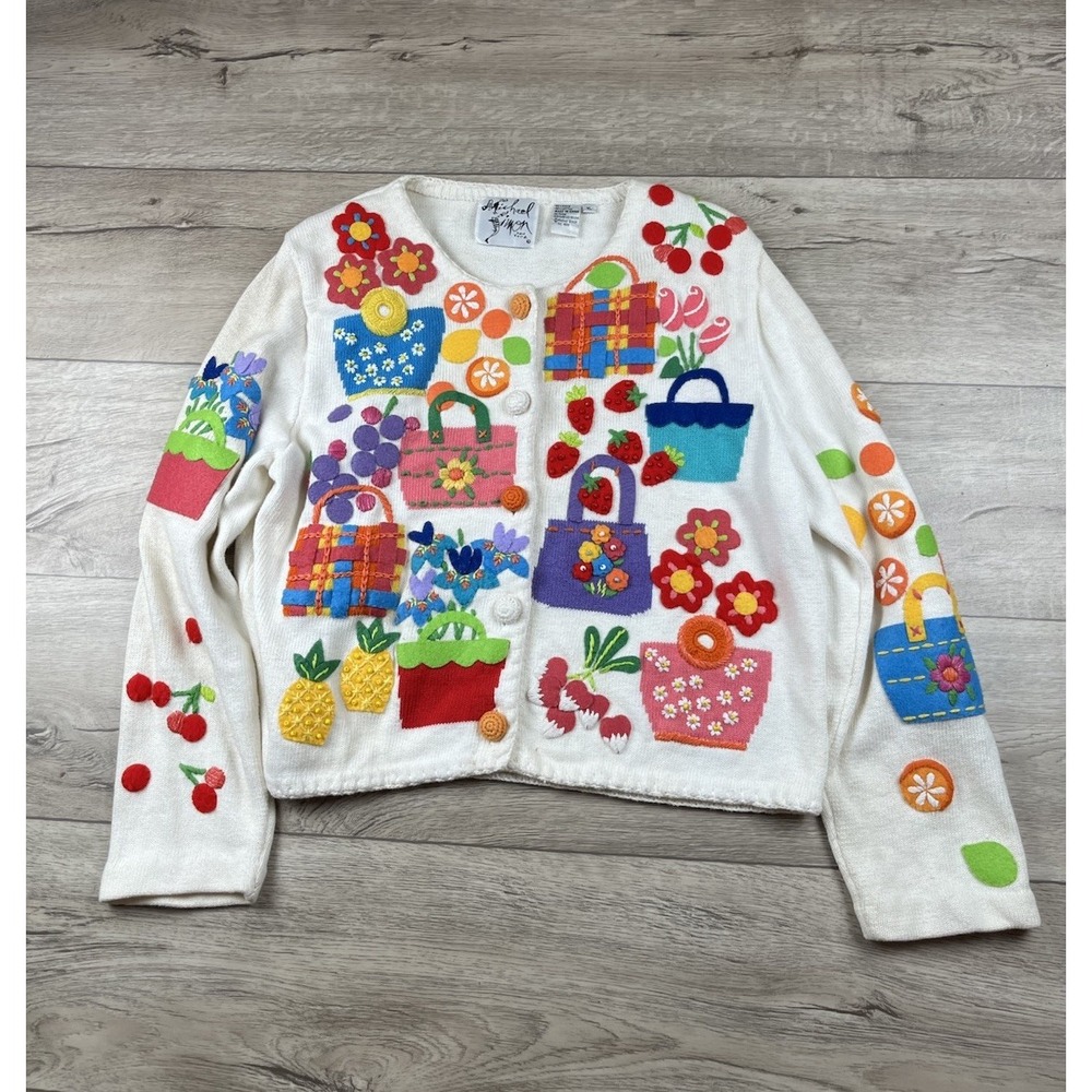 Vintage Michael Simon Cardigan Sweater Size XL Strawberry Flowers Basket Fruit - Picture 14 of 14